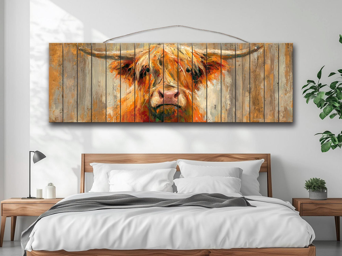 Rustic Wood Wall Art – Cheerful Highland Cow Print | Farmhouse Wall Decor