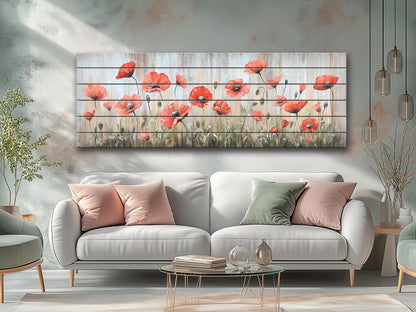 Wood Wall Art – Whimsical Field of Wild Poppies Dancing in the Breeze, Poppies Wall Art, Rustic Floral Wall Decor
