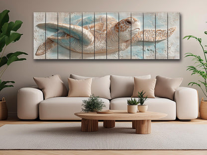 Sea Turtle Wood Art – Rustic Wood Decor | Coastal Ocean Wall Decor with Blue Beige Accents