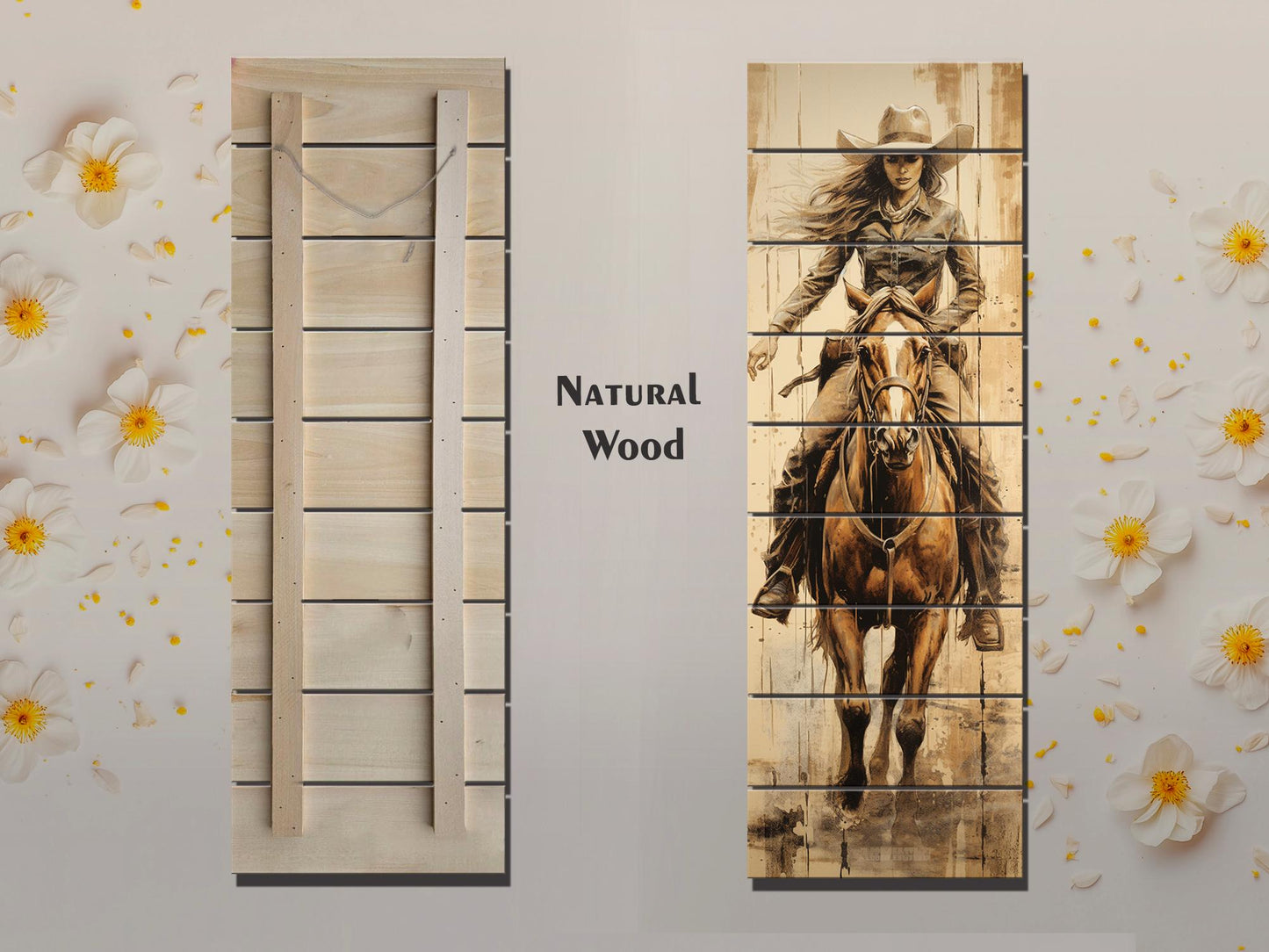 Rustic Cowgirl Art Print – Western Wall Decor | Natural Wood Wood Print Art