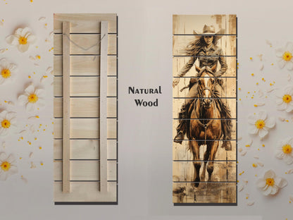 Rustic Cowgirl Art Print – Western Wall Decor | Natural Wood Wood Print Art