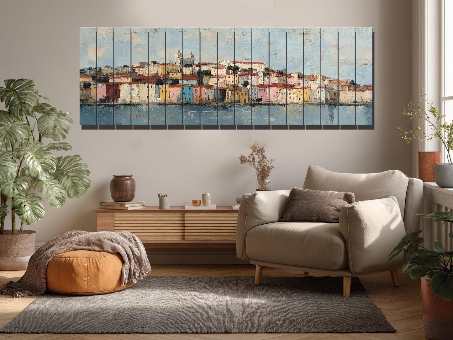 Lisbon Wood Print – Rustic Wall Art with Pastel Houses & Beige Sunlight on Distressed Wood