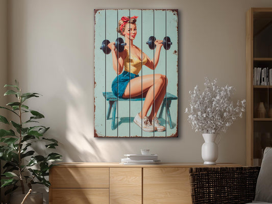 Vintage Fitness Wall Art – Retro Gym Print on Wood | Rustic Workout Decor