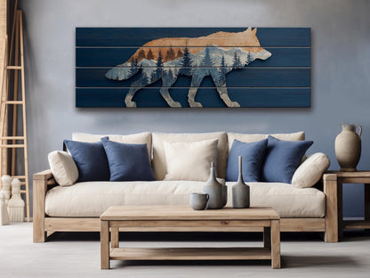 Wolf Silhouette with Forest Print on Natural Wood, Rustic Hunting Wall Art