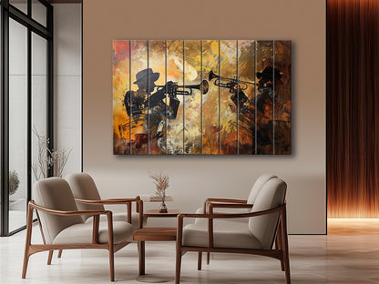 Rustic Wood Wall Art – Abstract Trumpet Painting on Wood | Jazz Music Decor