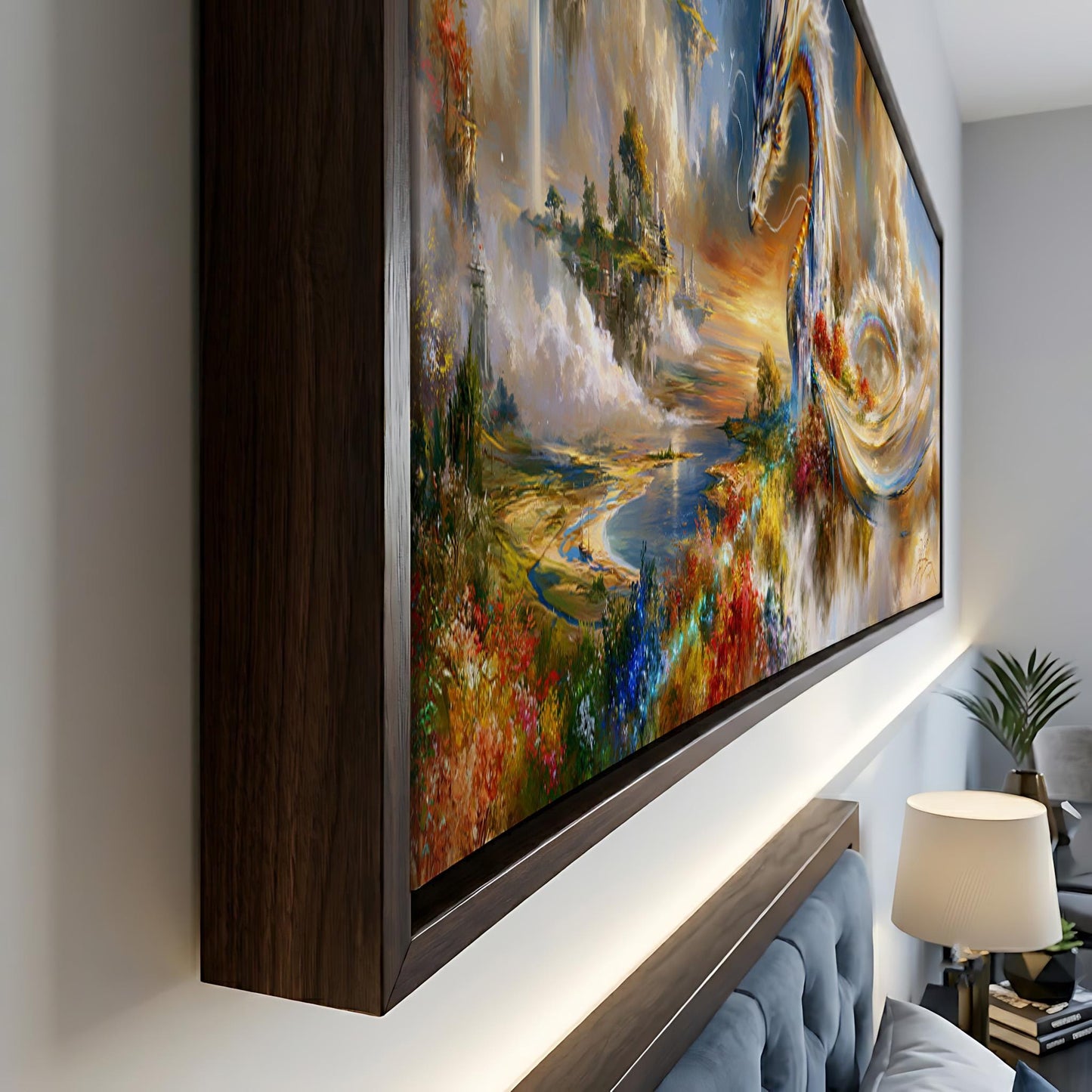 a large, colorful painting of a fantastical landscape with a dragon-like creature in the center. The painting is framed and displayed on a wall, creating a striking visual focal point in the room.