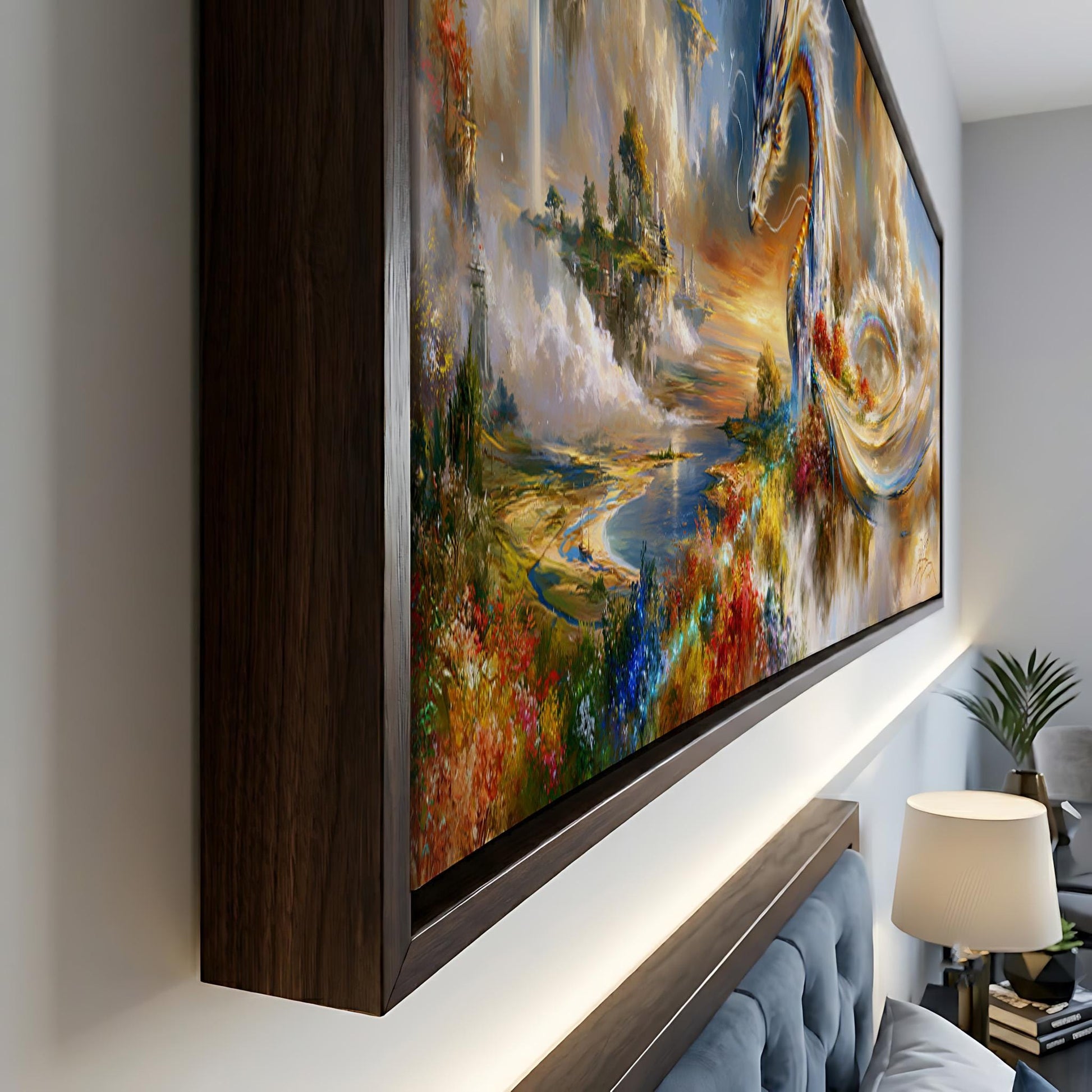 a large, colorful painting of a fantastical landscape with a dragon-like creature in the center. The painting is framed and displayed on a wall, creating a striking visual focal point in the room.