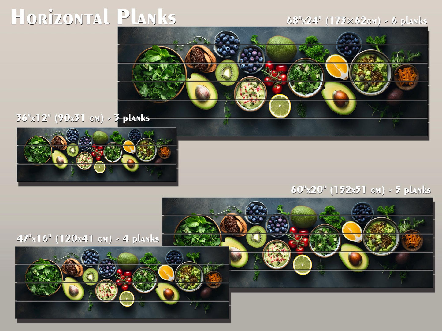 Healthy Food Wall Art – Large Natural Wood Painting | Modern Kitchen Decor