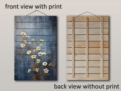 Rustic Floral Wall Art - White Blossoms Print on Natural Wood Plank Art