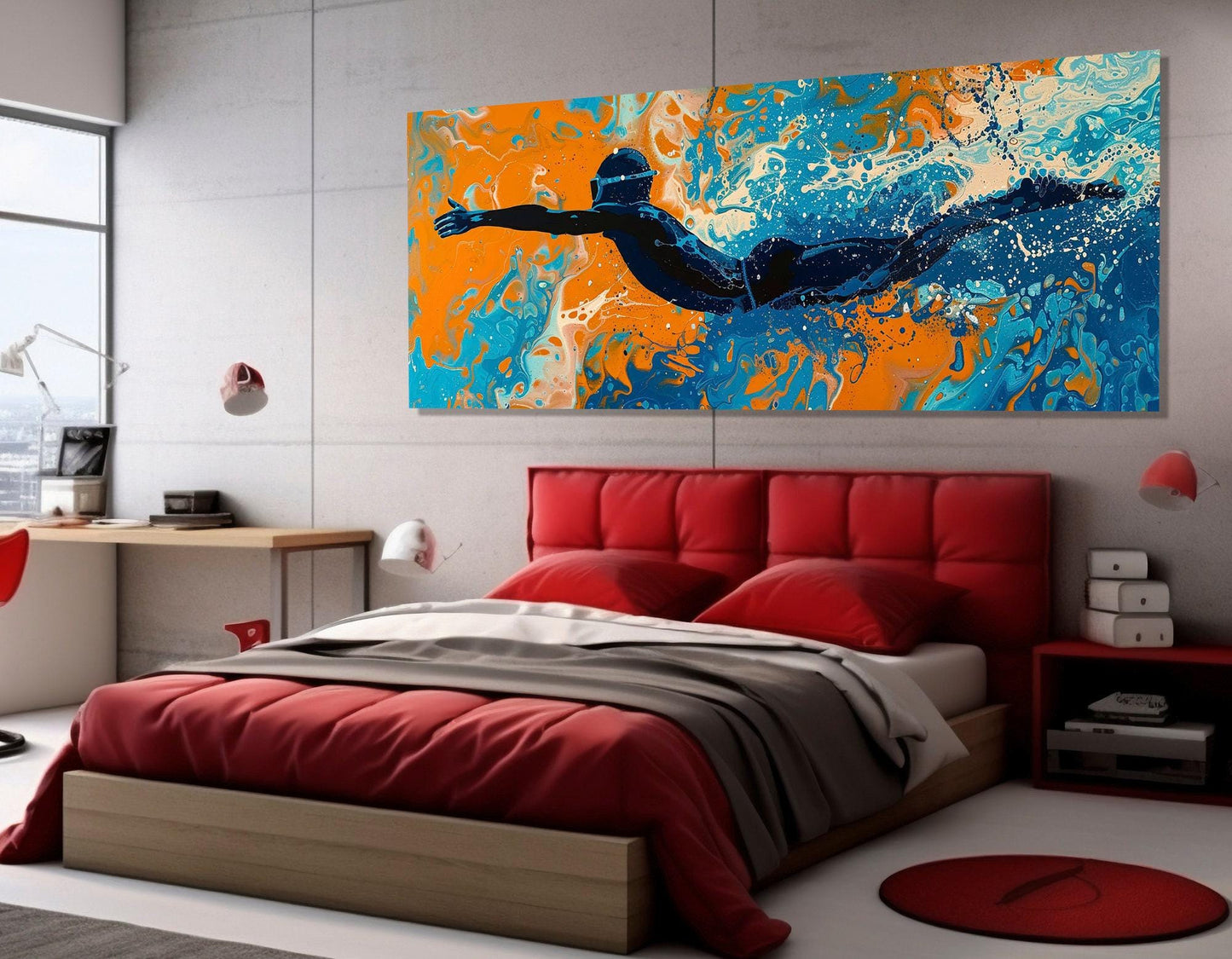 Abstract Swimmer Painting - Framed Canvas Print | Pop Art Swimming Wall Art Decor