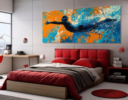 Abstract Swimmer Painting - Framed Canvas Print | Pop Art Swimming Wall Art Decor