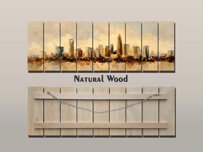 Charlotte Skyline Wood Print – Rustic Wall Art | Beige Cream Painting on Distressed Wood