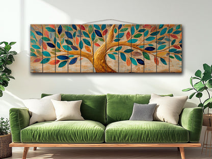 Tree of Life Wall Art - Handcrafted Wood Wall Decor with Colorful Rustic Tree Print