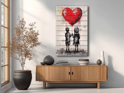 Wood Wall Art – Girl And Boy Balloon Graffiti Wood Print | Banksy Style Urban Decor
