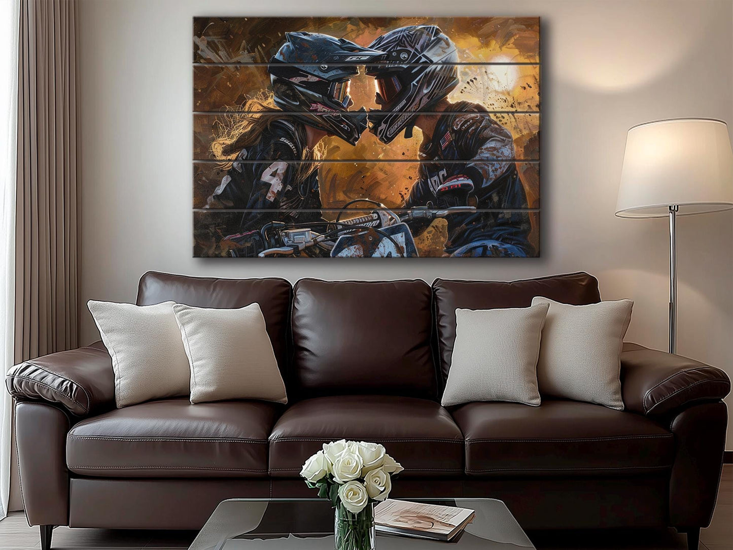 Motocross Wood Art - Couple Bikers Kissing Print on Natural Wood Plank