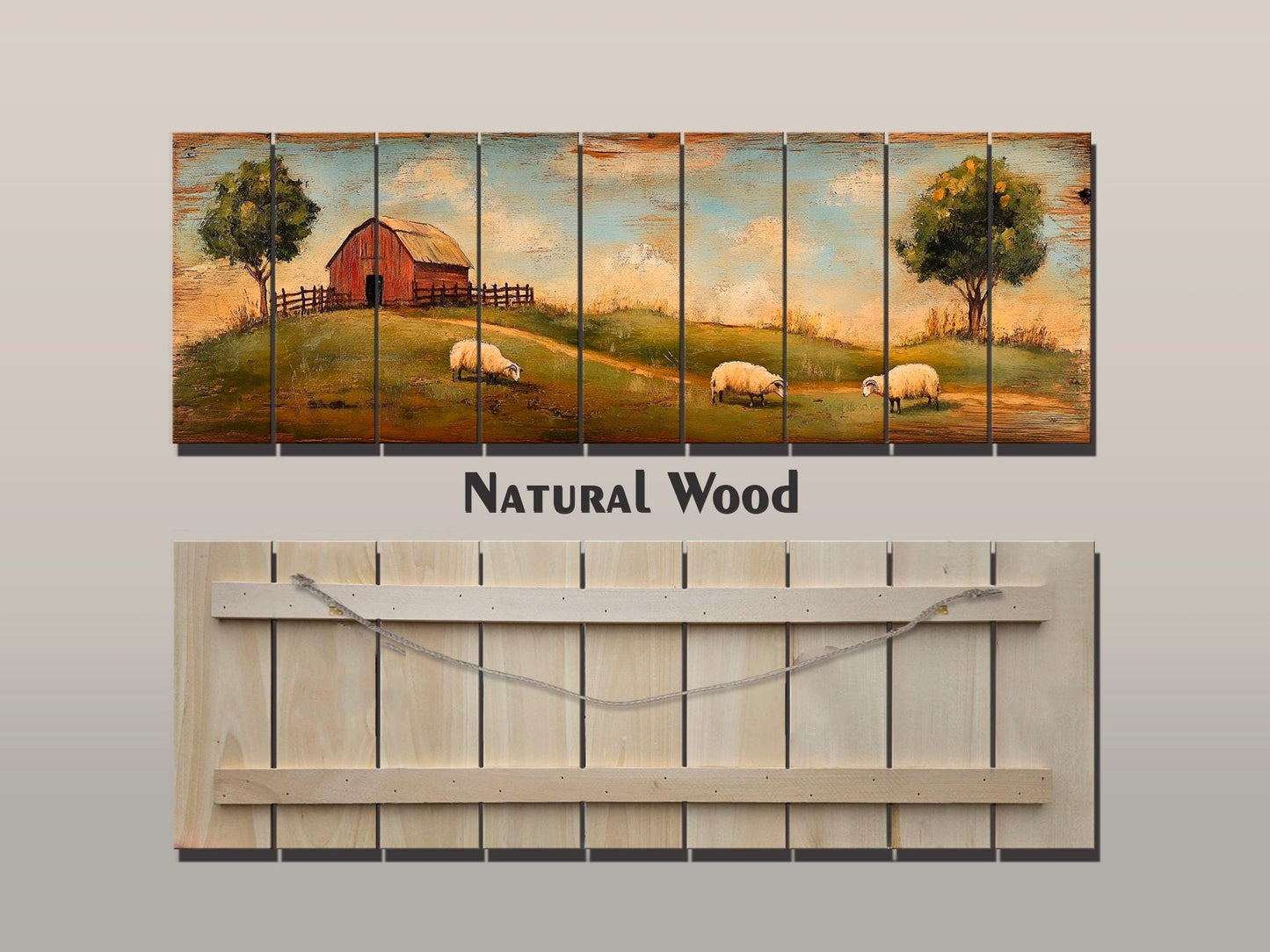 Rustic Wooden Wall Art - Sheep Grazing Print on Natural Wood for Cozy Cabin Decor