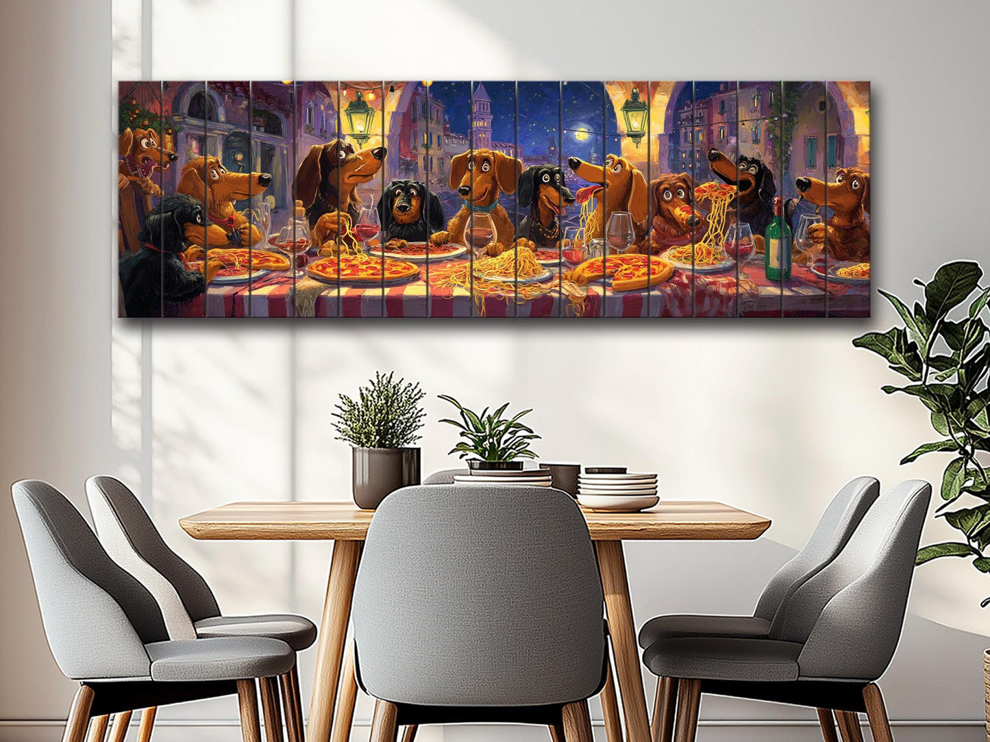 Dachshund Pizza Art – Rustic Wood Wall Art With Playful Dog Party Painting