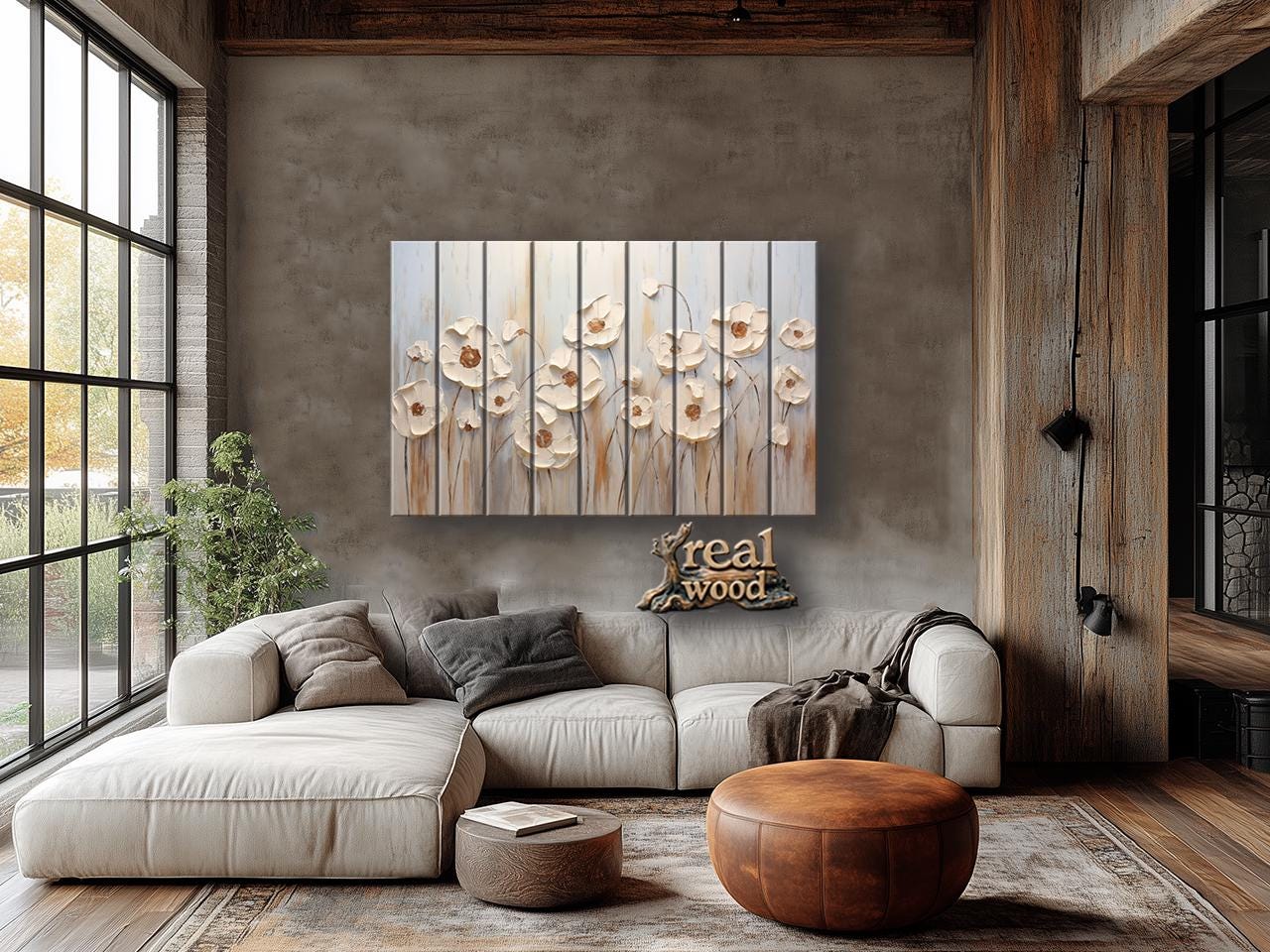 Wood Wall Art – Abstract Flower Print Wooden Panel | Rustic Floral Decor