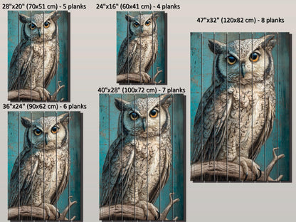 Wood Wall Art – Piercing Owl Wood Print on Linden Planks | Rustic Farmhouse Decor