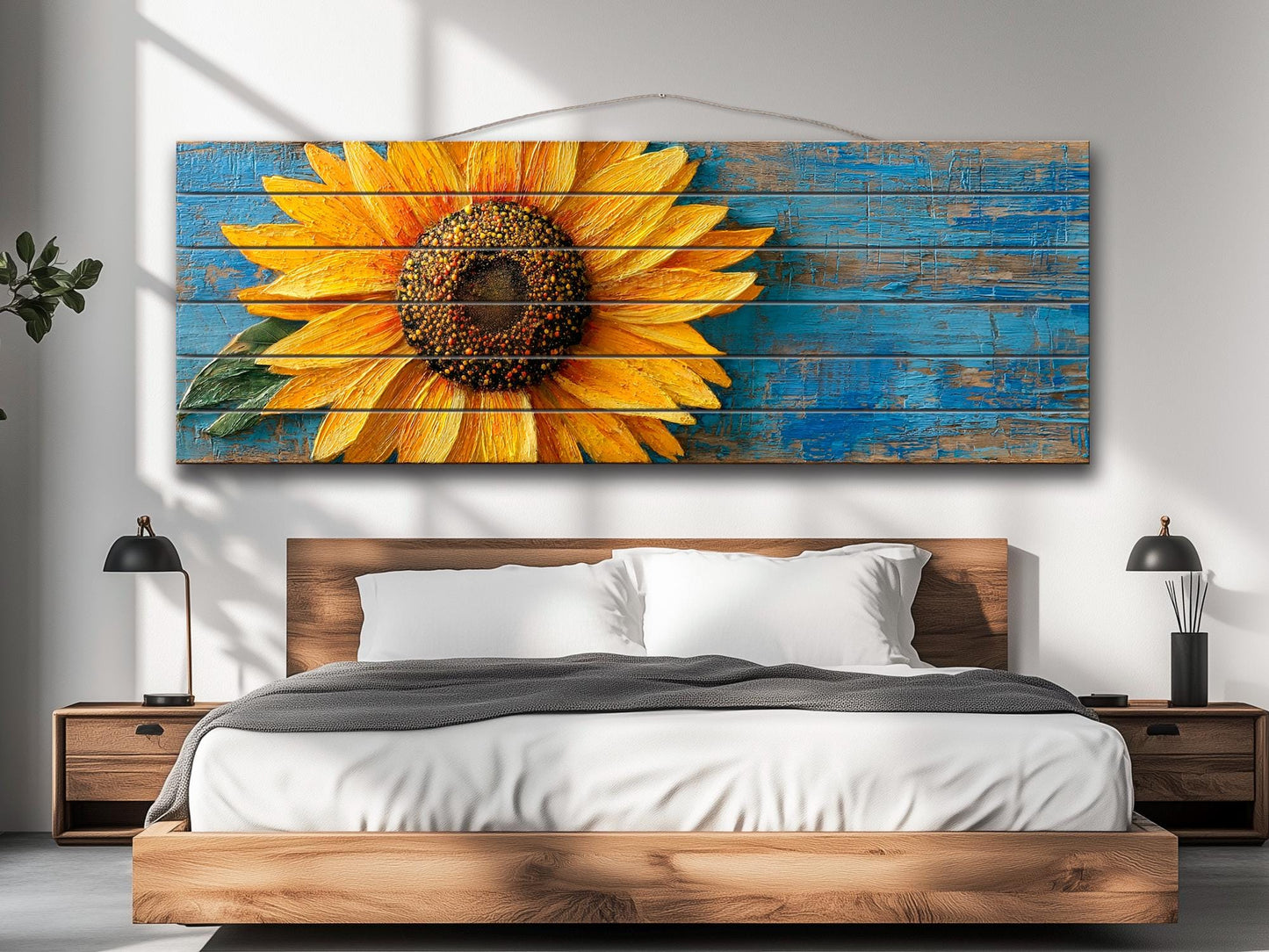 Rustic Wood Wall Art - Large Sunflower Wooden Floral Print | Cozy Farmhouse Decor