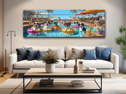 Dogs Tropical Pool Bar Print – Funny Summer Dog Wall Art on Wood Panel