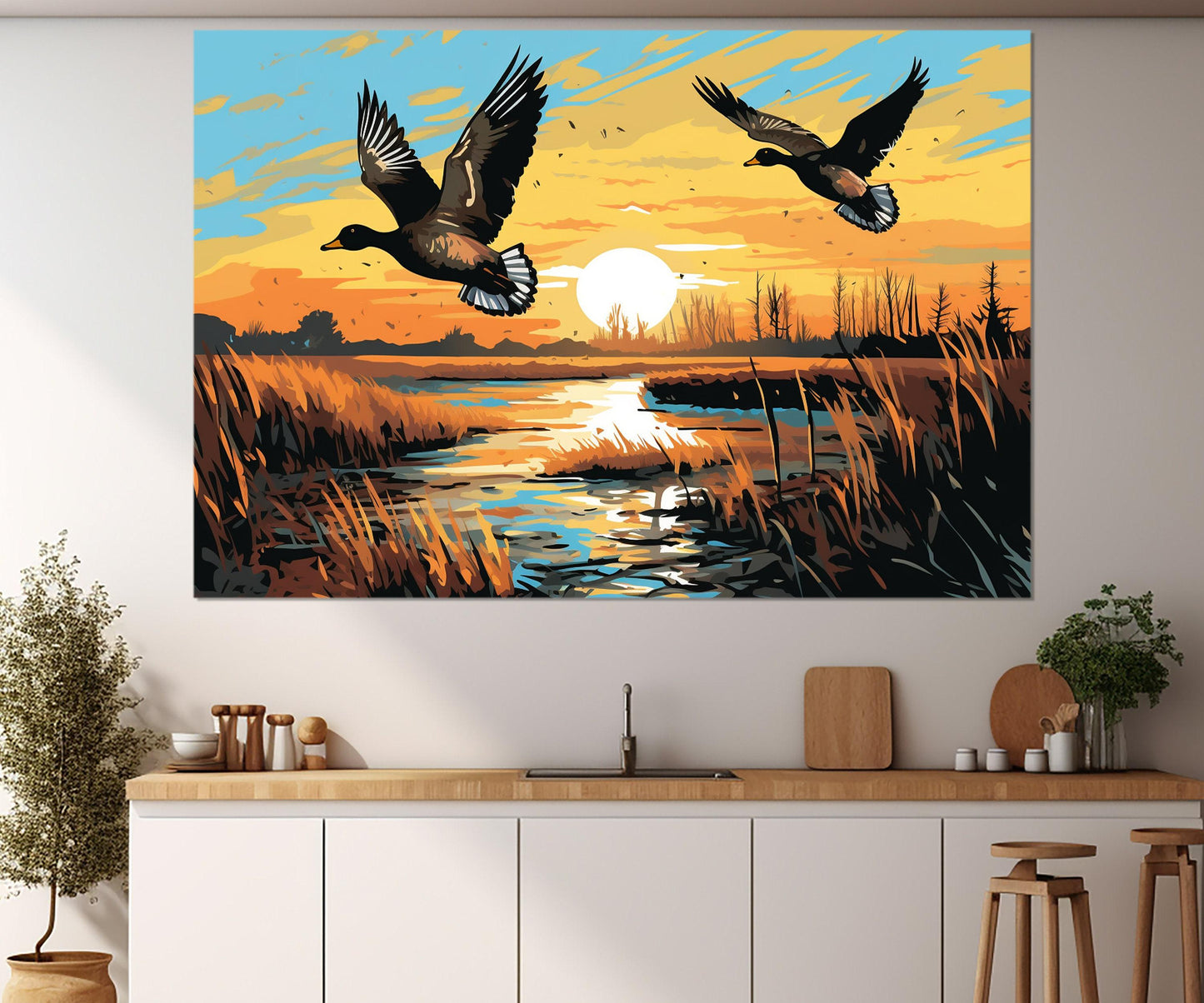 Ducks Canvas Print - Framed Wildlife Wall Art | Lake Sunset Art Ready to Hang