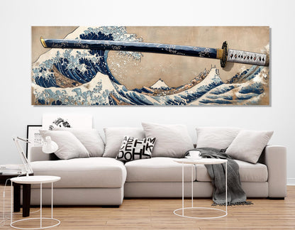 Japanese Wall Art - The Great Wave Off Kanagawa & Samurai Sword Framed Canvas Print