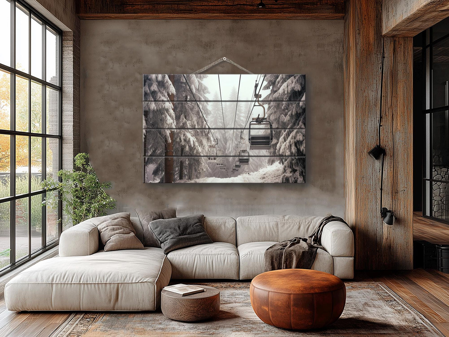 Wood Wall Art – Large Ski Lift Print on Natural Wood Panel | Rustic Winter Decor