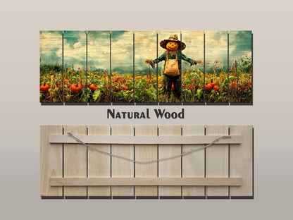 Rustic Farmhouse Wall Decor - Pumpkin Patch Print Wood Wall Art with Scarecrow