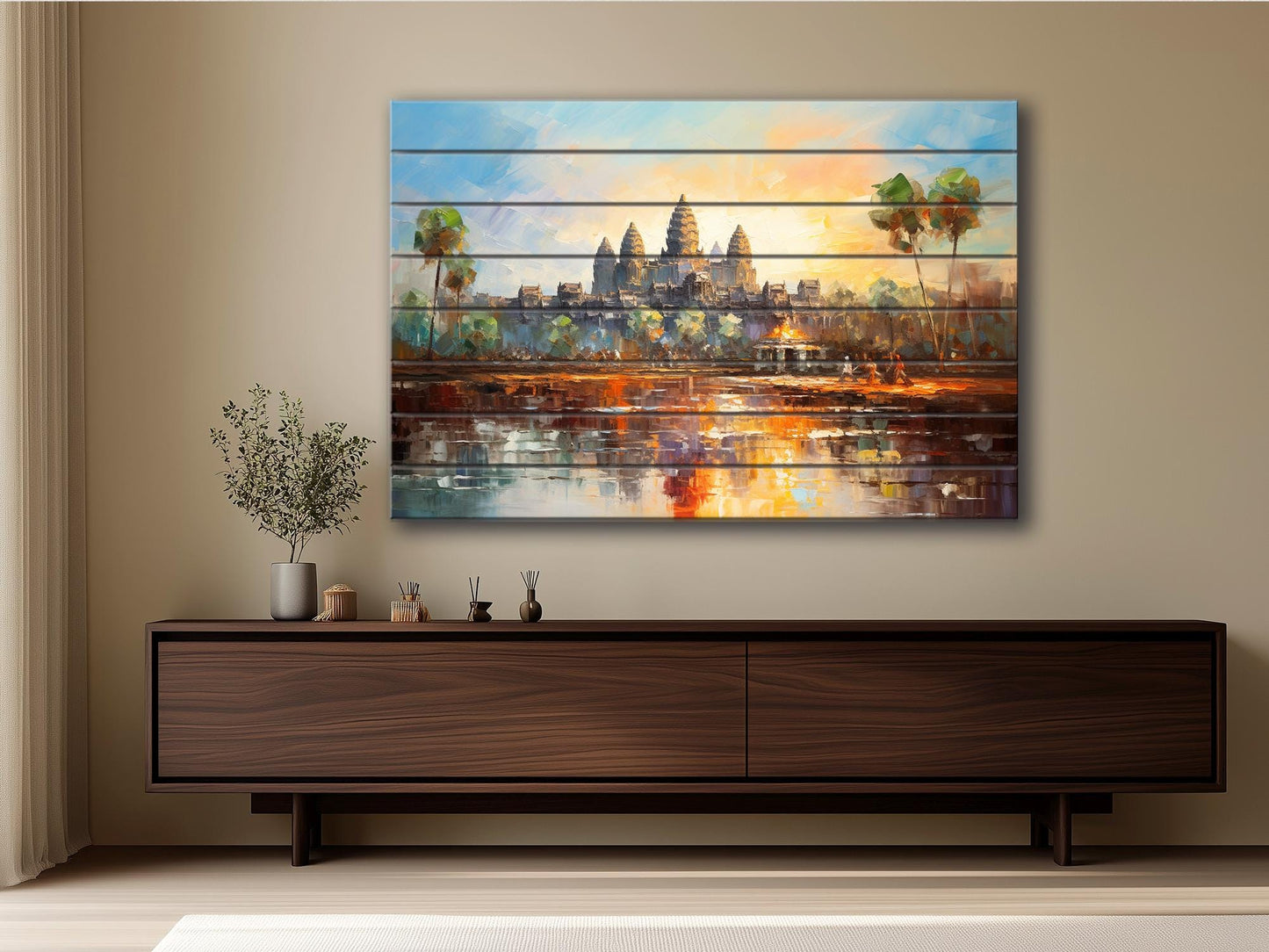 Wood Wall Art – Ancient Khmer Print on Wood | Angkor Wat Painting Decor