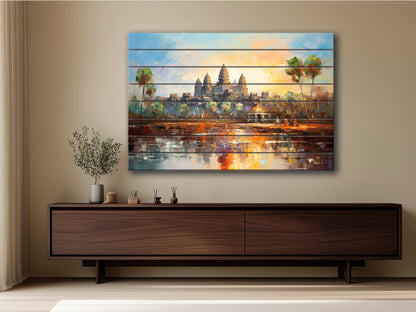 Wood Wall Art – Ancient Khmer Print on Wood | Angkor Wat Painting Decor