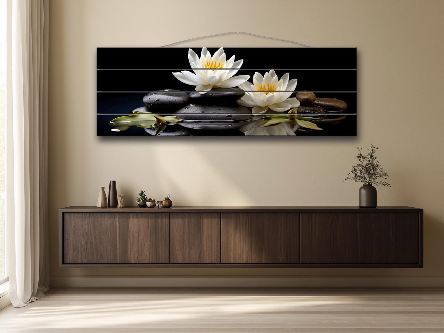 White Lily Wall Art – Natural Wood Print | Zen Spa Decor with Unique Wood Grain
