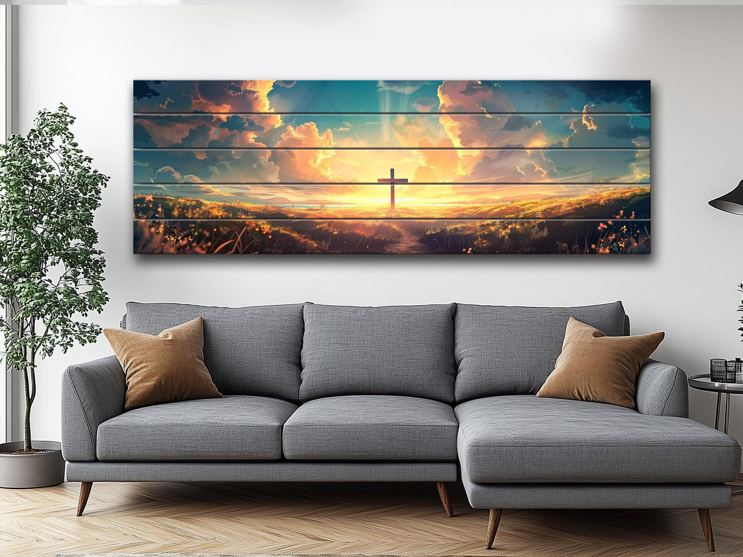 Christian Wood Wall Art – Cross Sunset Painting on Natural Wood Planks | Handcrafted Rustic Farmhouse Decor