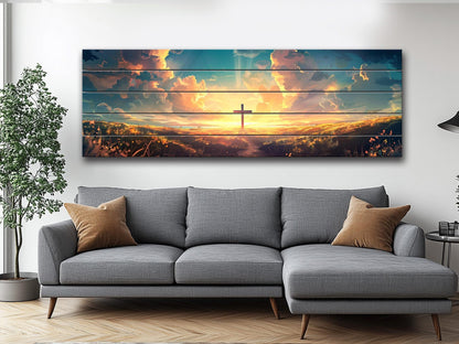 Christian Wood Wall Art – Cross Sunset Painting on Natural Wood Planks | Handcrafted Rustic Farmhouse Decor
