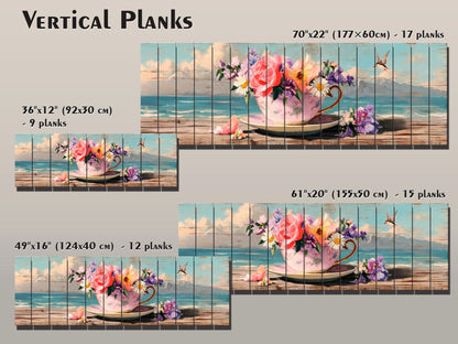 Wood Wall Art – Vintage Floral Teacup Print | Coastal View Artwork on Natural Wood