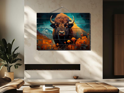 Rustic Wood Wall Art – Bison Abstract Painting on Natural Wood Planks
