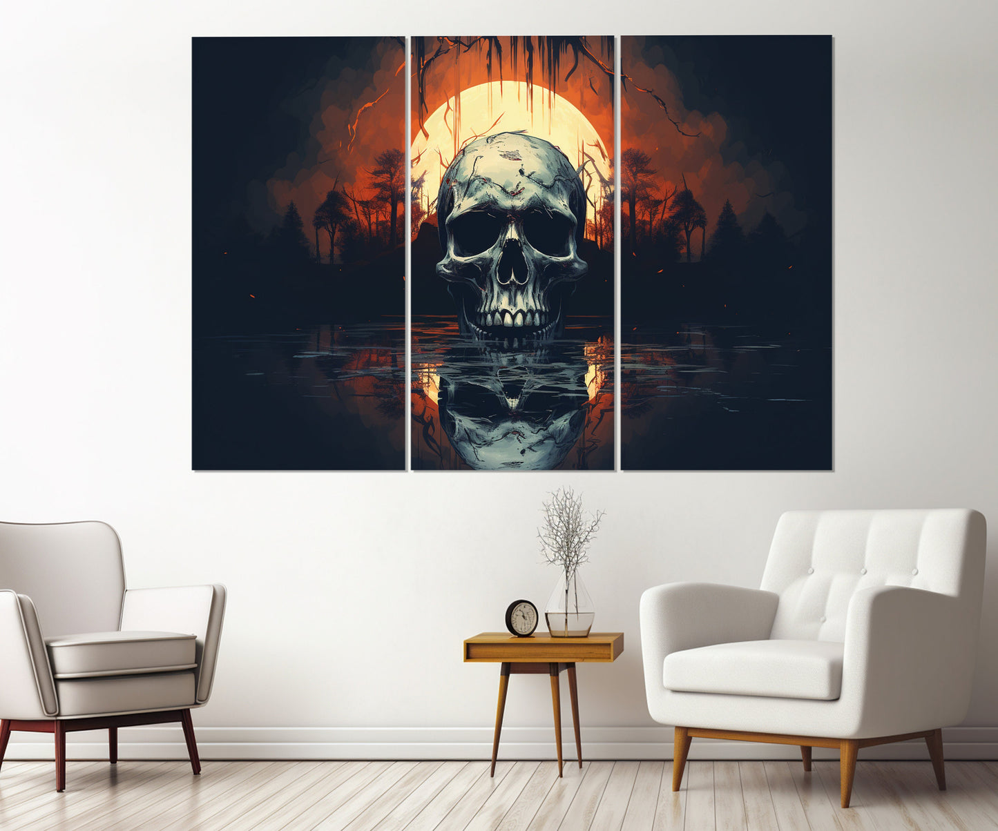 Gothic Wall Art – Skull Canvas Print with Full Moon | Vintage Gothic Painting, Ready to Hang