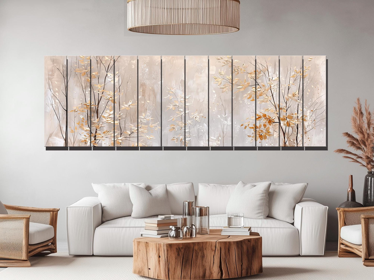 Wood Wall Art – Winter Forest Art with Golden Leaves Painting | Rustic Wood Panel Print