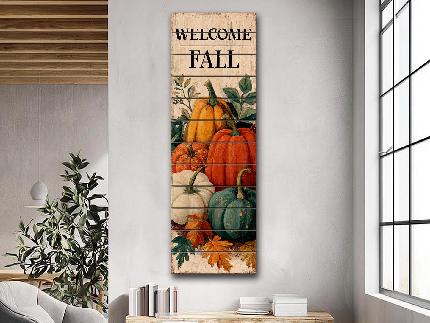 Rustic Wood Wall Art – Welcome Fall Sign with Hand Painted Pumpkins & Cozy Autumn Decor