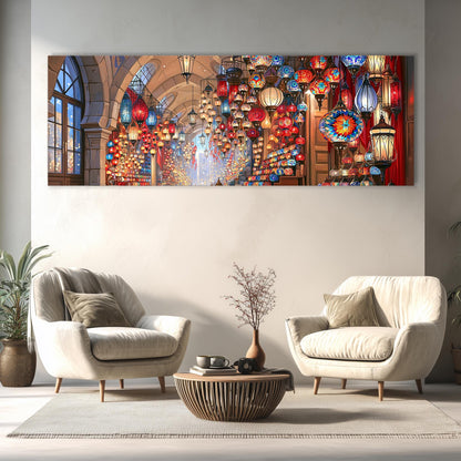 a cozy living room with two white armchairs and a wooden coffee table, set against a backdrop of a large, colorful painting of a lantern-filled market.