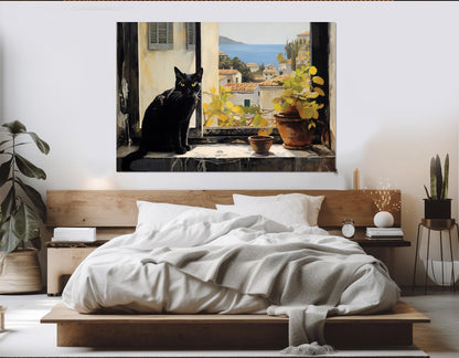 Mediterranean Canvas Print – Black Cat Window View | Italian Cat Painting, Framed Art