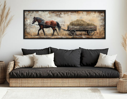 Horse Canvas Print – Brown Horse Pulling Wooden Cart | Rustic Wall Decor Framed Canvas