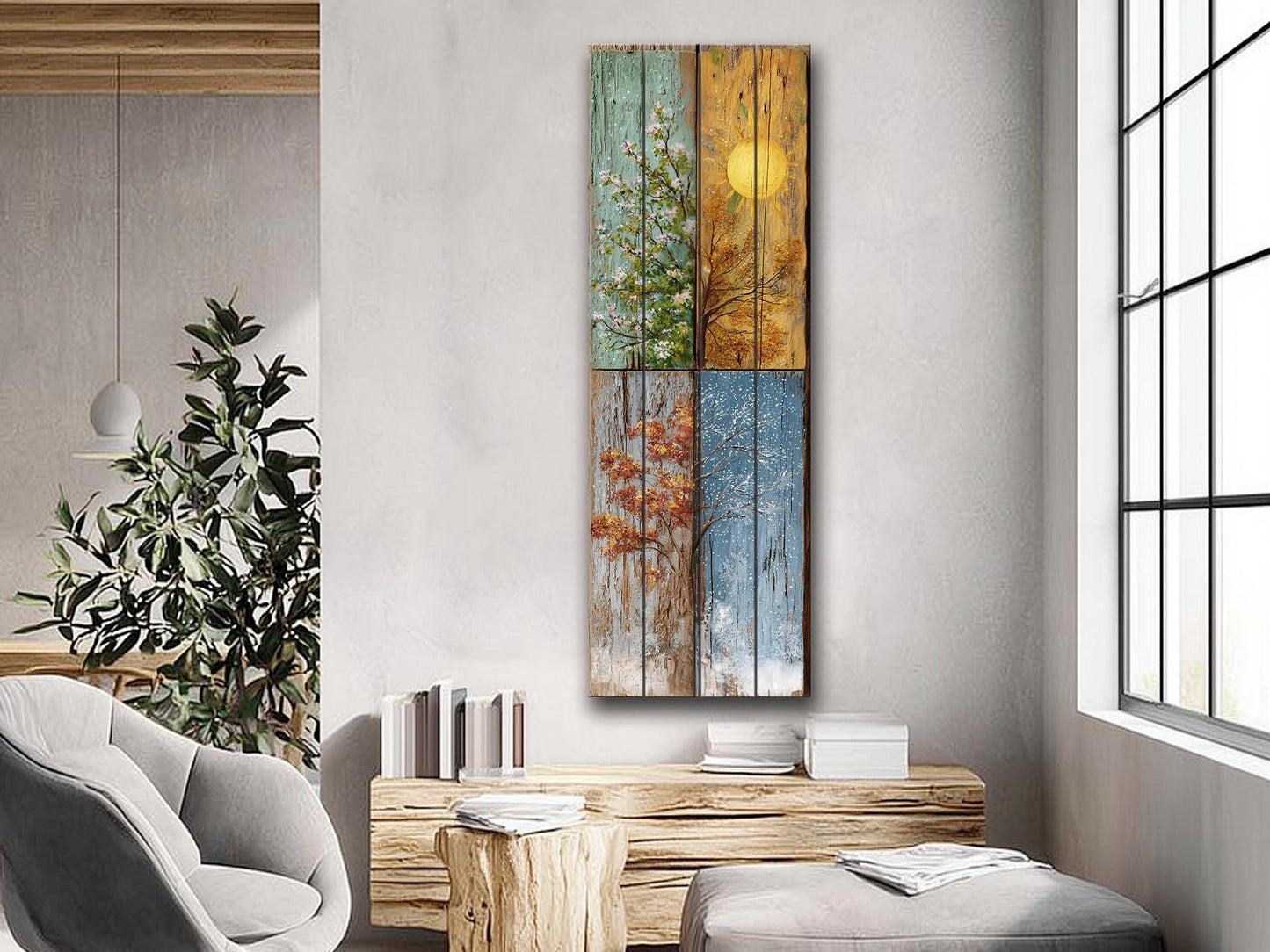 Rustic Wood Wall Art – Four Seasons Artwork on Natural Wood Planks | Cozy Living Room Decor