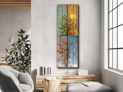 Rustic Wood Wall Art – Four Seasons Artwork on Natural Wood Planks | Cozy Living Room Decor