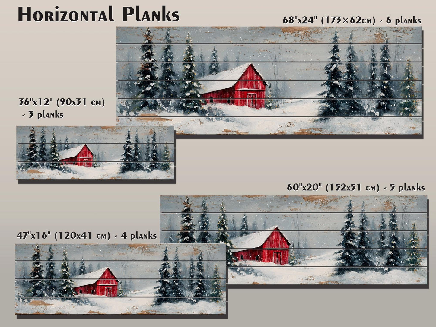 Peaceful Snowy Landscape with Red Barn and Pine Trees Print on Natural Wood, Rustic Cabin Wall Decor, Winter Forest Wall Art, Wood Wall Art