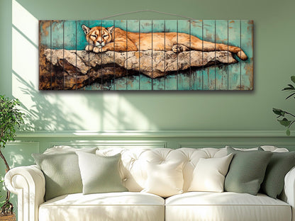 Rustic Wood Wall Art - Mountain Lion on a Rocky Ledge Print on Natural Wood, Lions Wall Art, Mountain Lion Painting, Forest Animals Prints