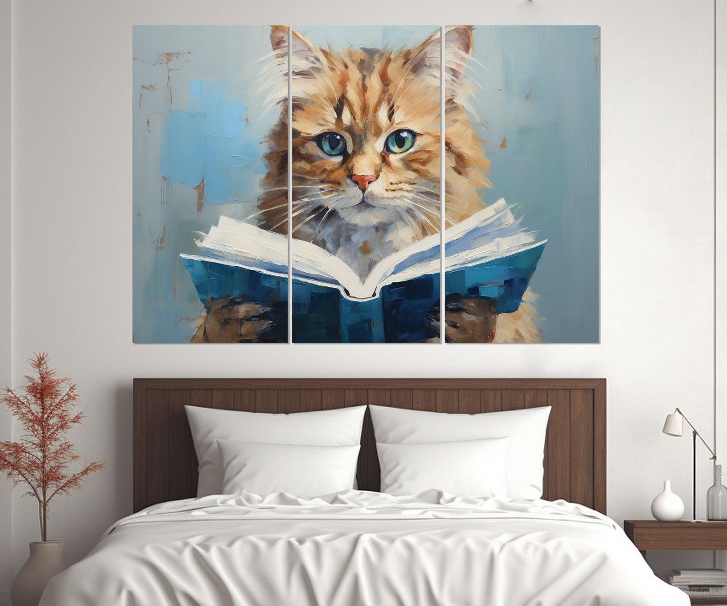 Cat Reading Book Abstract Painting Canvas Print, Kids Room Decor, Nursery Wall Art, Framed and Ready to Hang