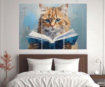 Cat Reading Book Abstract Painting Canvas Print, Kids Room Decor, Nursery Wall Art, Framed and Ready to Hang