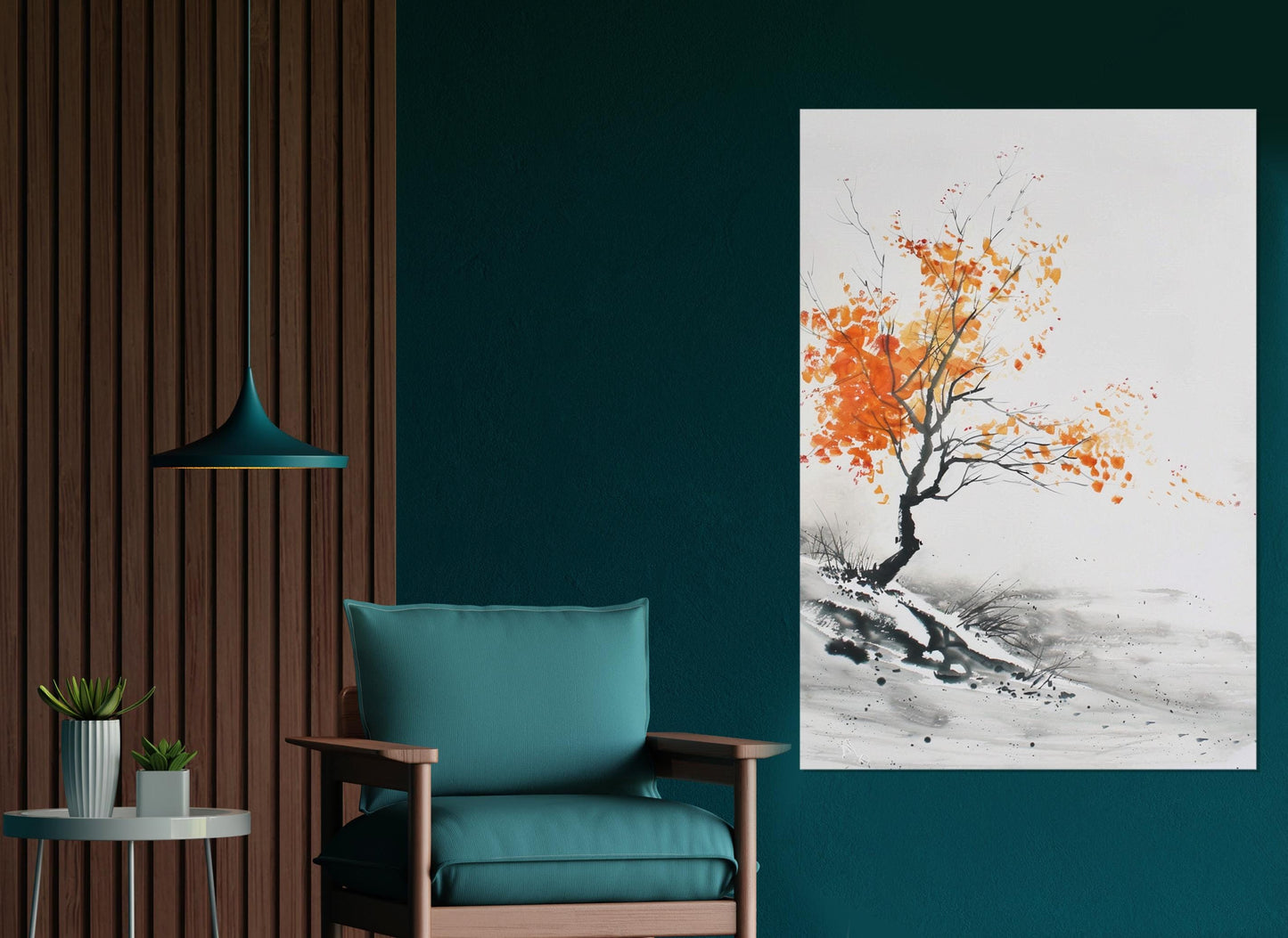 Minimalist Autumn Tree Painting – Japanese Wall Decor | Framed Canvas Art Ready to Hang