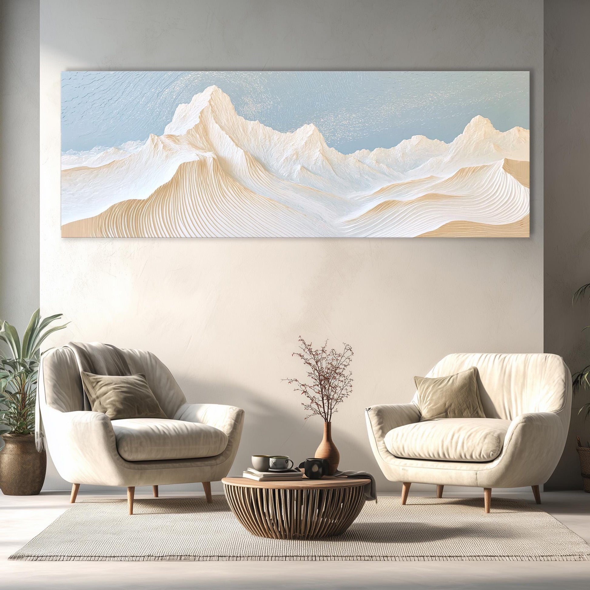 a modern living room with a large landscape painting hanging on the wall above two white armchairs and a coffee table.